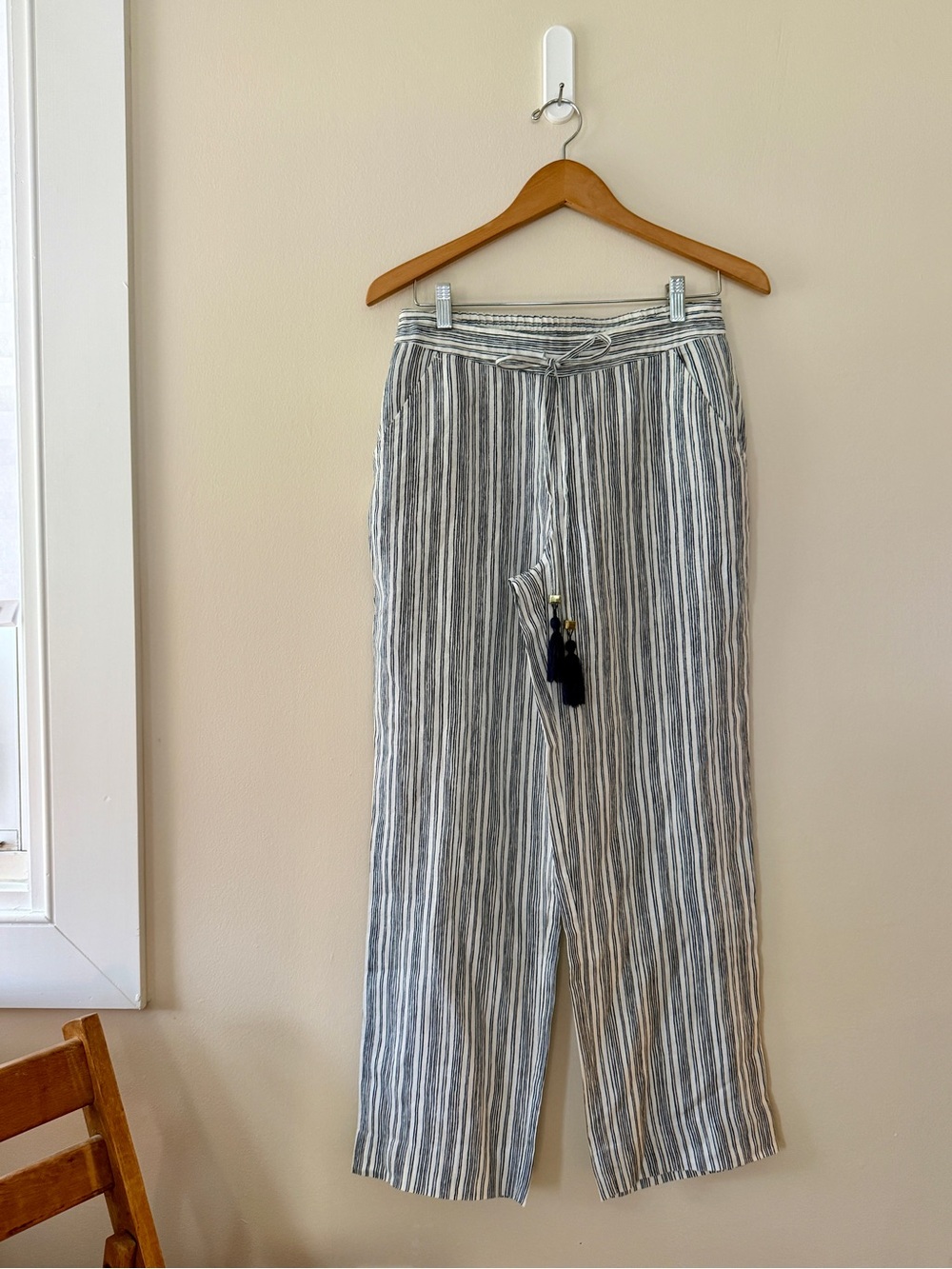 Soft Surroundings Navy Striped Tassel Drawstring Trousers